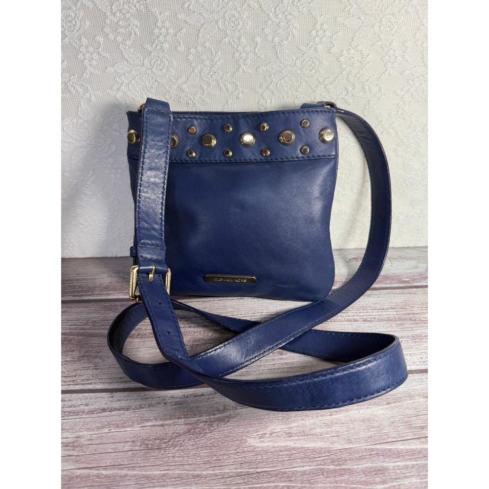 Michael Kors Navy Blue Studded‎ Crossbody Bag Gold Hardware